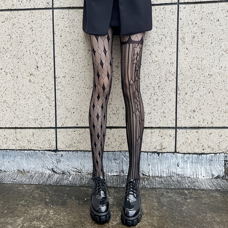 Elastic Argyle Jacquard Pantyhose High Waist Semi Sheer Footed Stockings
