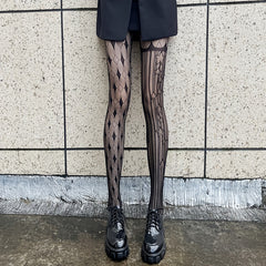 Elastic Argyle Jacquard Pantyhose High Waist Semi Sheer Footed Stockings