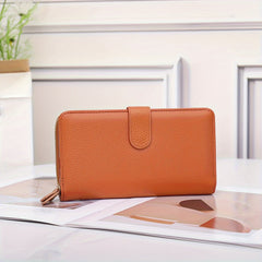 Women's Double Layer Leather Wallet Zippered Phone Holder Light Brown