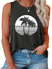 Palm Tree Print Round Neck Tank Top for Women