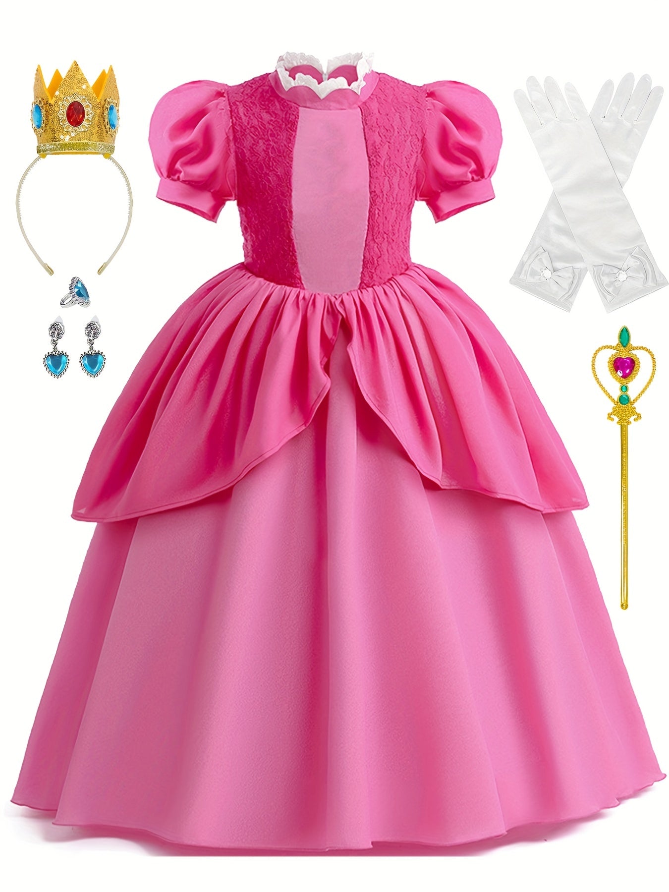 Girls Princess Dress Frill Neck Puff Sleeve Ruffle Skirt Lace Decoration