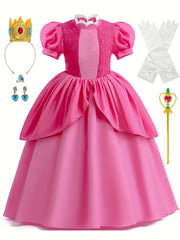 Girls Princess Dress Frill Neck Puff Sleeve Ruffle Skirt Lace Decoration