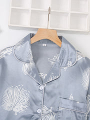 Satin Floral Print Pajama Set Long Sleeve Tops & Pants