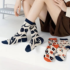 3 Pairs Floral Print Socks Breathable Mid Tube Stockings