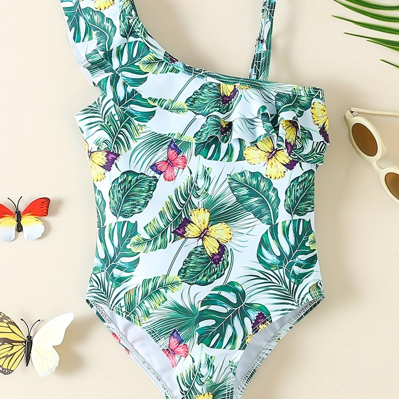 Girls' Leaf & Butterfly One Piece Swimsuit with Ruffled Trim