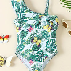 Girls' Leaf & Butterfly One Piece Swimsuit with Ruffled Trim
