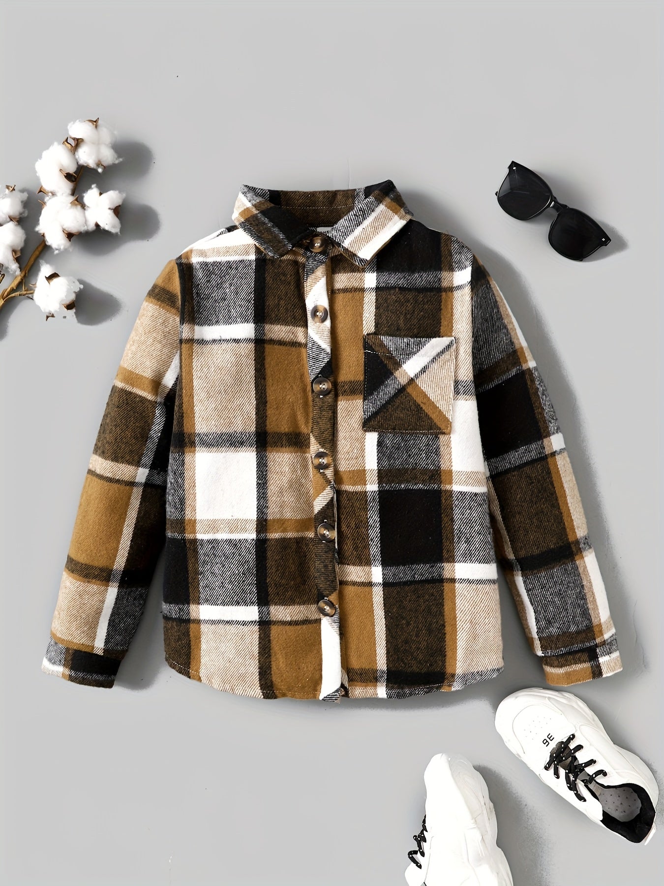 Boys Plaid Windbreaker Lapel Jacket Long Sleeve Button Down