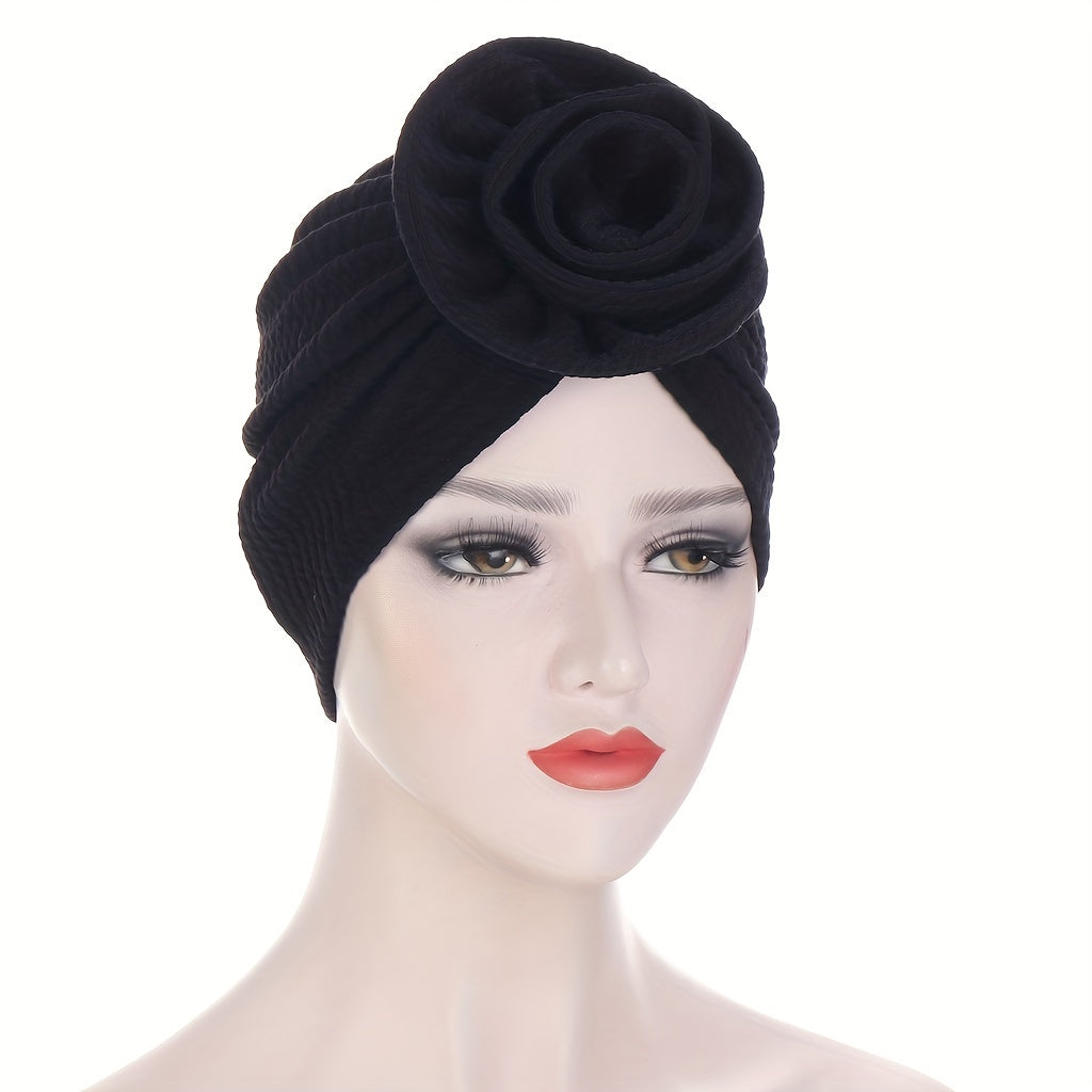 Embossed Plate Flower Turban Cap Vintage Elastic Head Wrap