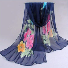 Vintage Flower Print Chiffon Scarf Thin Breathable Shawl