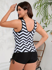 Geometric Print Tankini Set with Mesh Tank Top & Drawstring Shorts