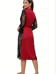 Lace Stitching Lounge Robe V Neck Long Sleeve with Belt Women's Loungewear