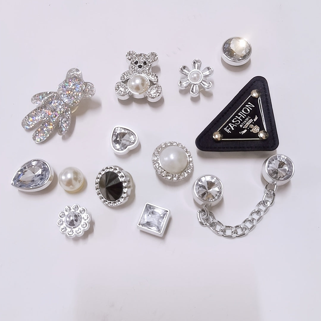 Triangle Silver Pearl Bear Rhinestone Shoe Decor Set