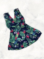 Tropical Print Mesh Top & Bra & Panties Swimsuit Set
