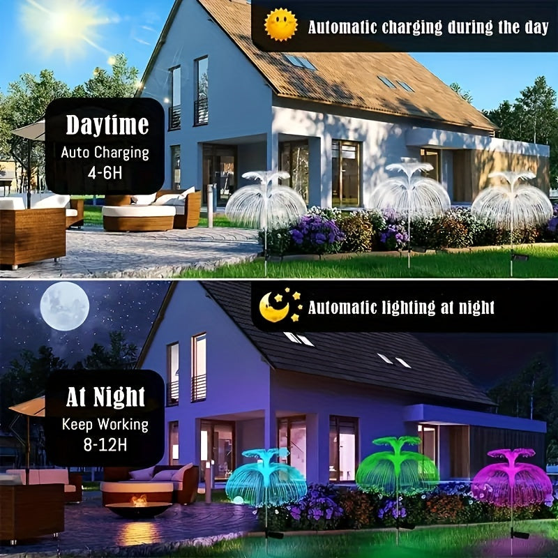 2pcs Solar Jellyfish Fiber Optic Lights for Outdoor Garden Decoration