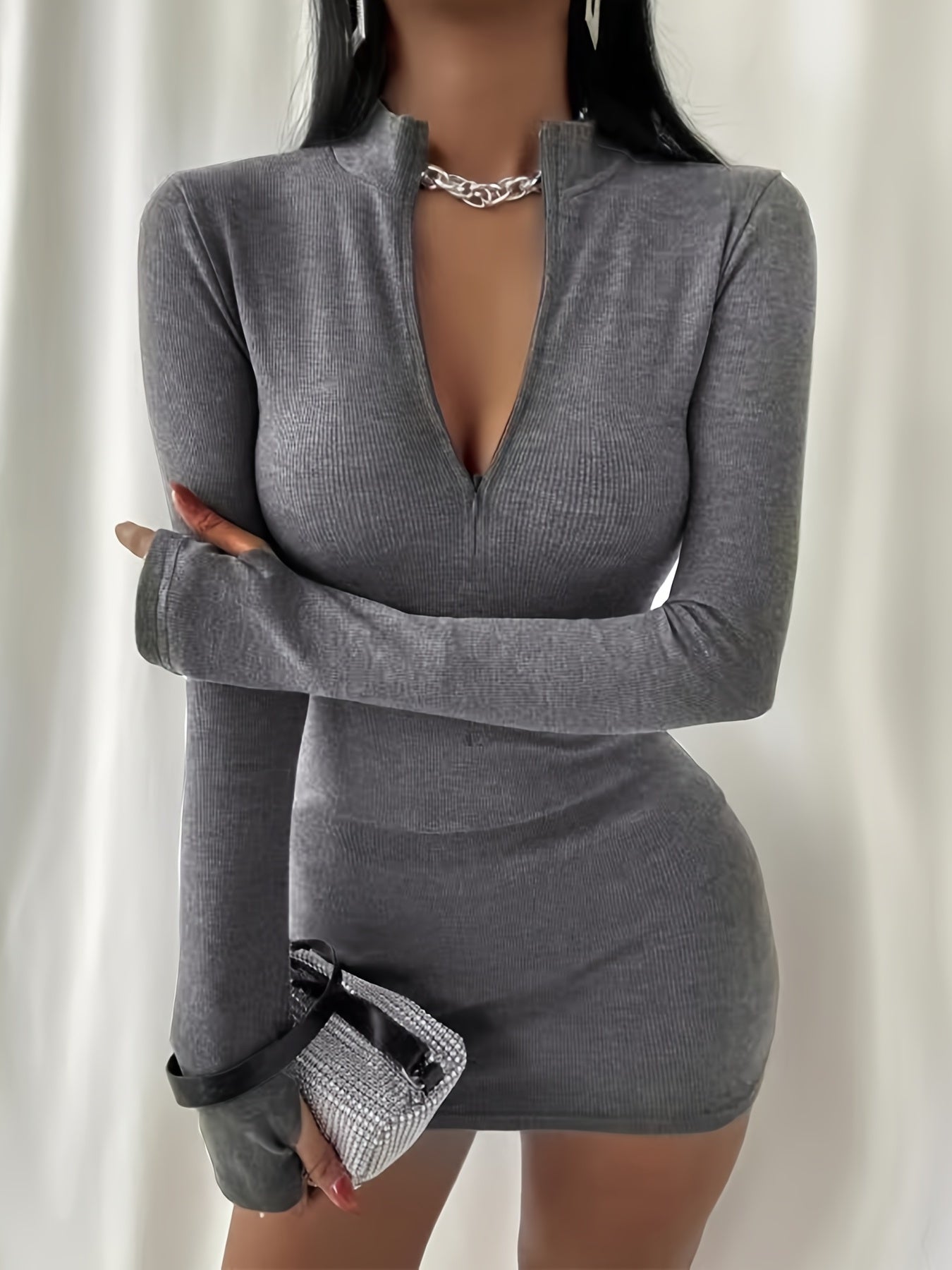 Solid Zipper Dress Long Sleeve Bodycon Mini Dress