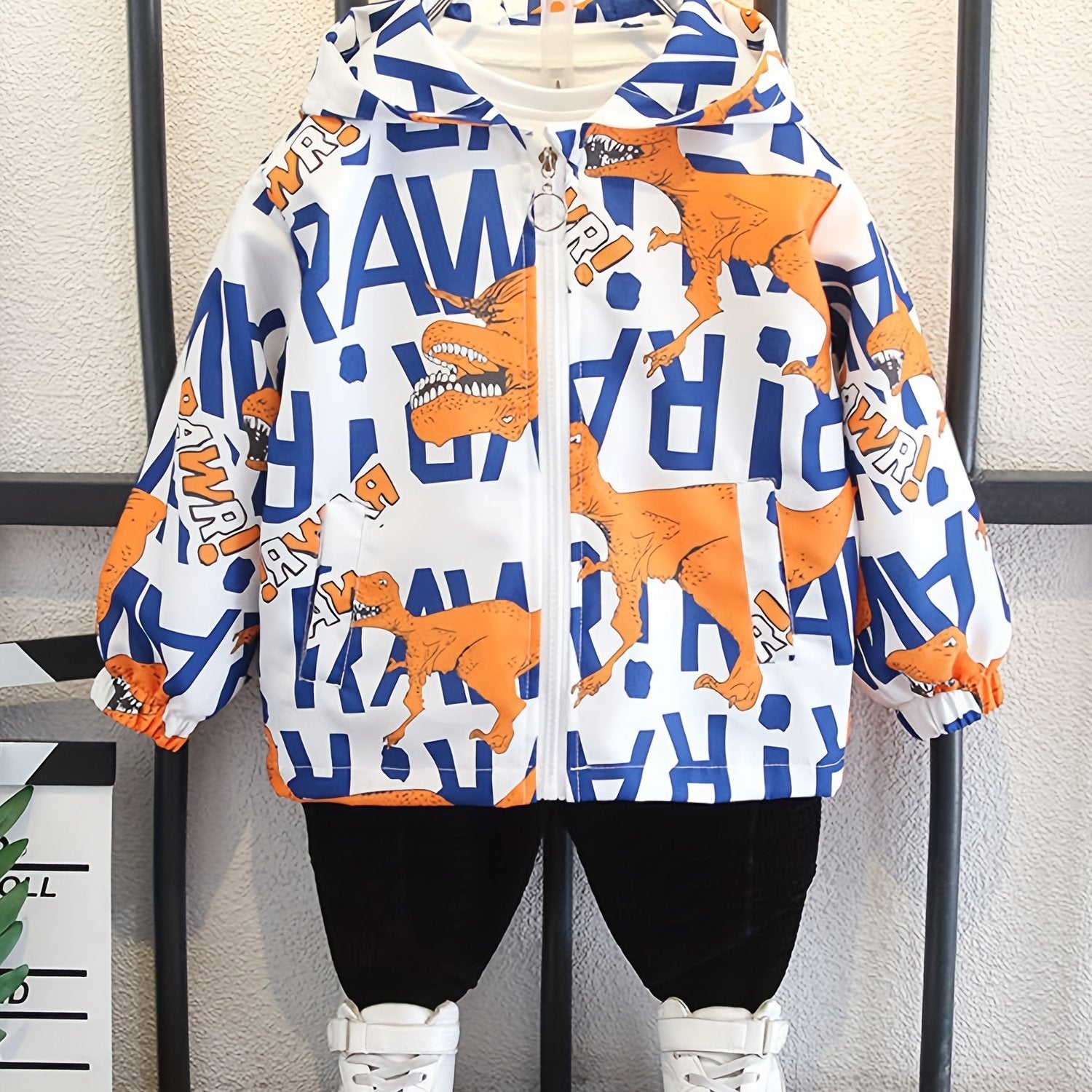 Boys Dinosaur Windbreaker Hooded Jacket Full Print Long Sleeve Zip Up Waterproof
