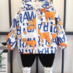 Boys Dinosaur Windbreaker Hooded Jacket Full Print Long Sleeve Zip Up Waterproof