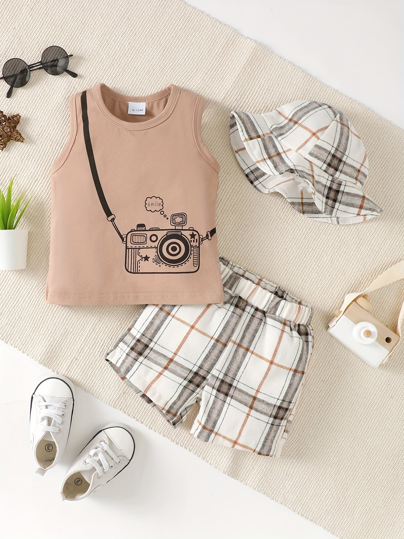 3pc Baby Boys Camera Print Tank Top Plaid Shorts Fisherman Hat Set