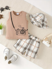 3pc Baby Boys Camera Print Tank Top Plaid Shorts Fisherman Hat Set