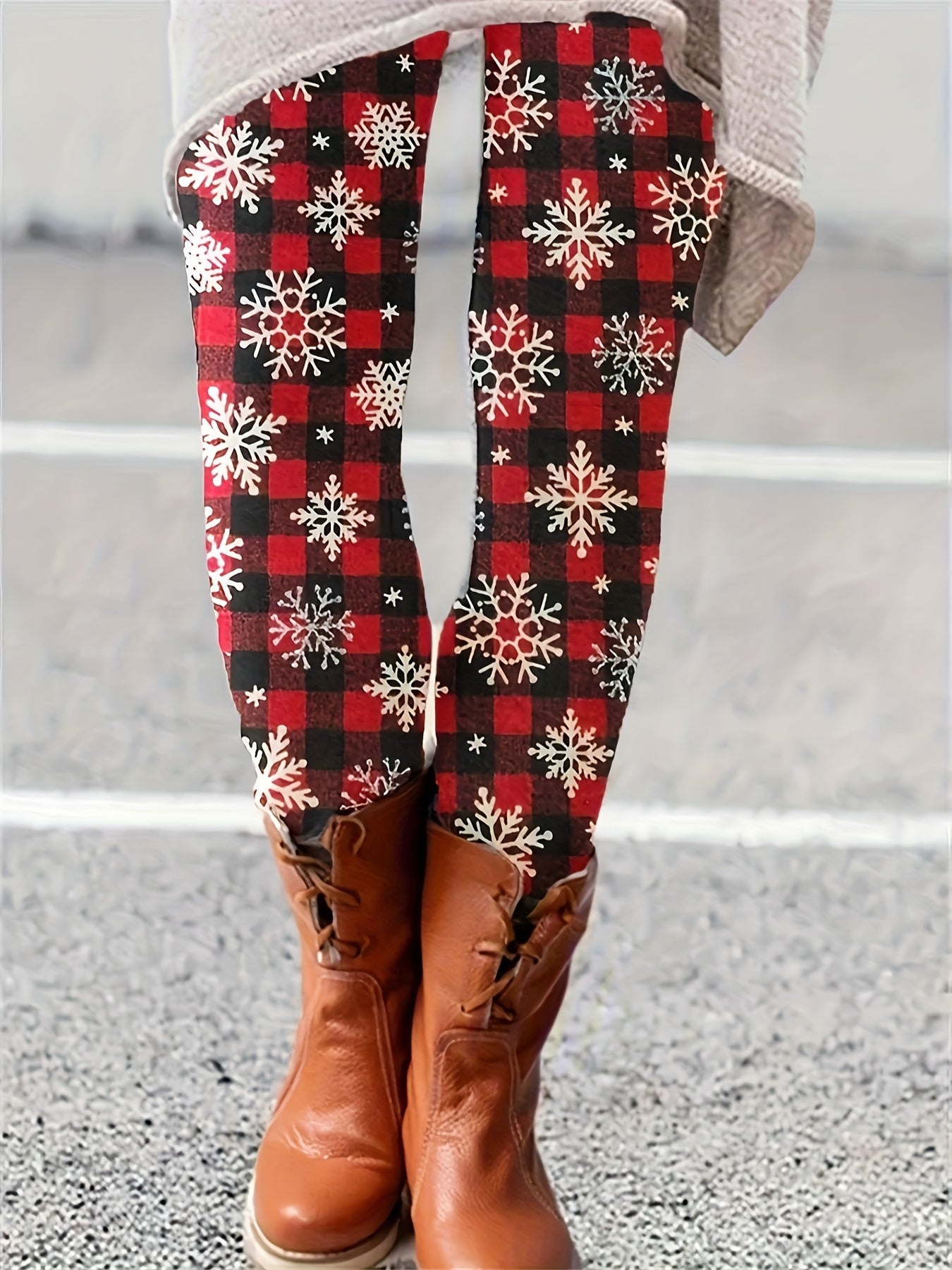 Plaid & Snowflake Print High Rise Leggings