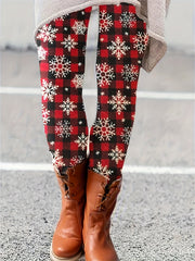 Plaid & Snowflake Print High Rise Leggings