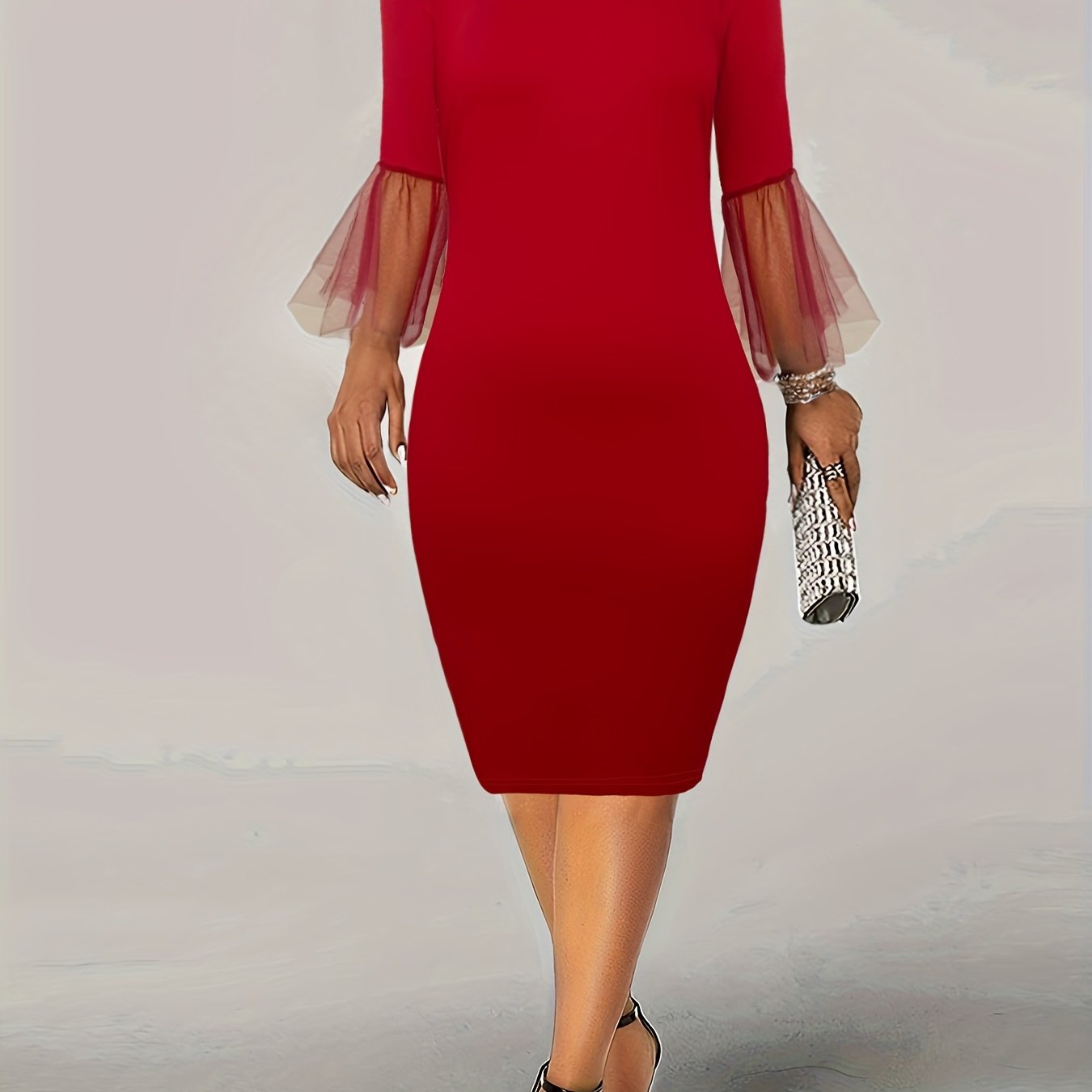 Mesh Sleeve Round Neck Formal Dress