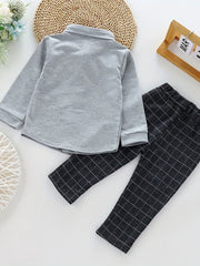 Boys Gentleman Shirt Suit Button Lapel Long Sleeve Shirt Tie Plaid Pants Set