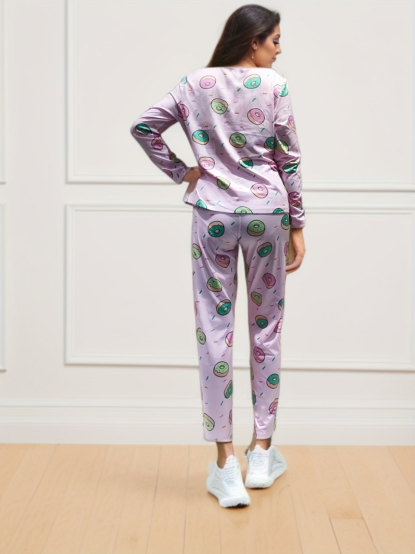 Donut Print Pajama Set Long Sleeve Crew Neck Top & Elastic Waistband Pants Women