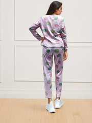Donut Print Pajama Set Long Sleeve Crew Neck Top & Elastic Waistband Pants Women