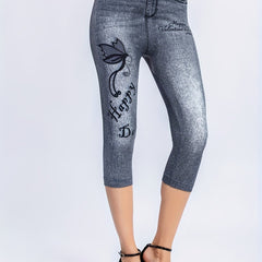 Denim & Butterfly Print Leggings Casual Skinny High Waist Women's Clothing