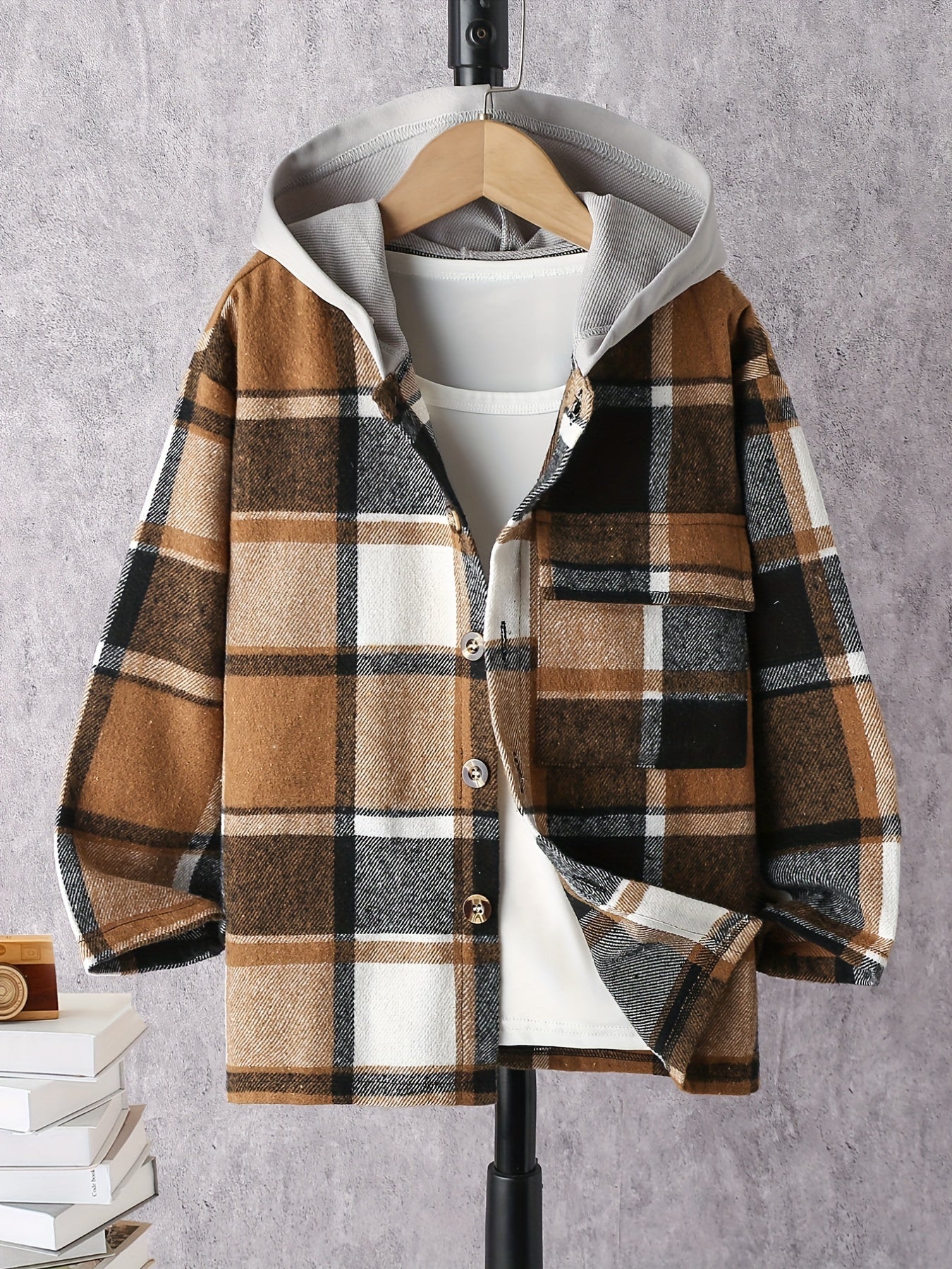 Boy's Plaid Button Down Long Sleeve Hooded Shirt Jacket Coat
