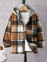 Boy's Plaid Button Down Long Sleeve Hooded Shirt Jacket Coat