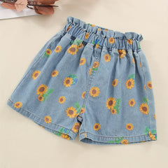 Girls Sunflower Graphic Casual Denim Shorts Kids Summer Clothes