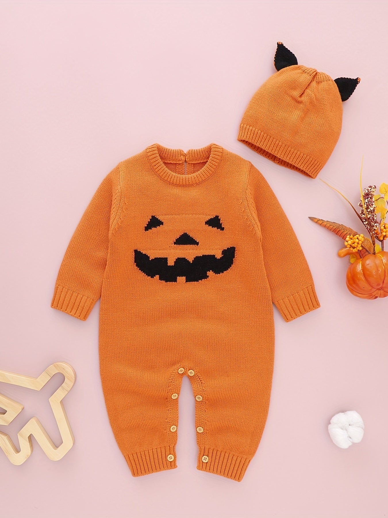 Baby Pumpkin Graphic Knit Bodysuit & Hat Set