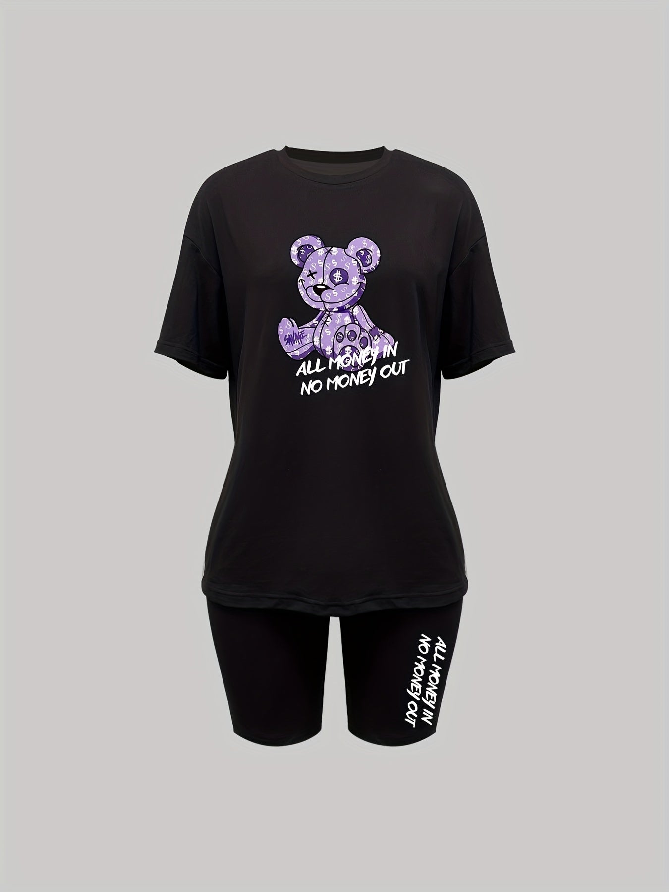 Bear & Letter Print Matching Two piece Set Short Sleeve T shirt & Skinny Shorts