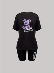 Bear & Letter Print Matching Two piece Set Short Sleeve T shirt & Skinny Shorts
