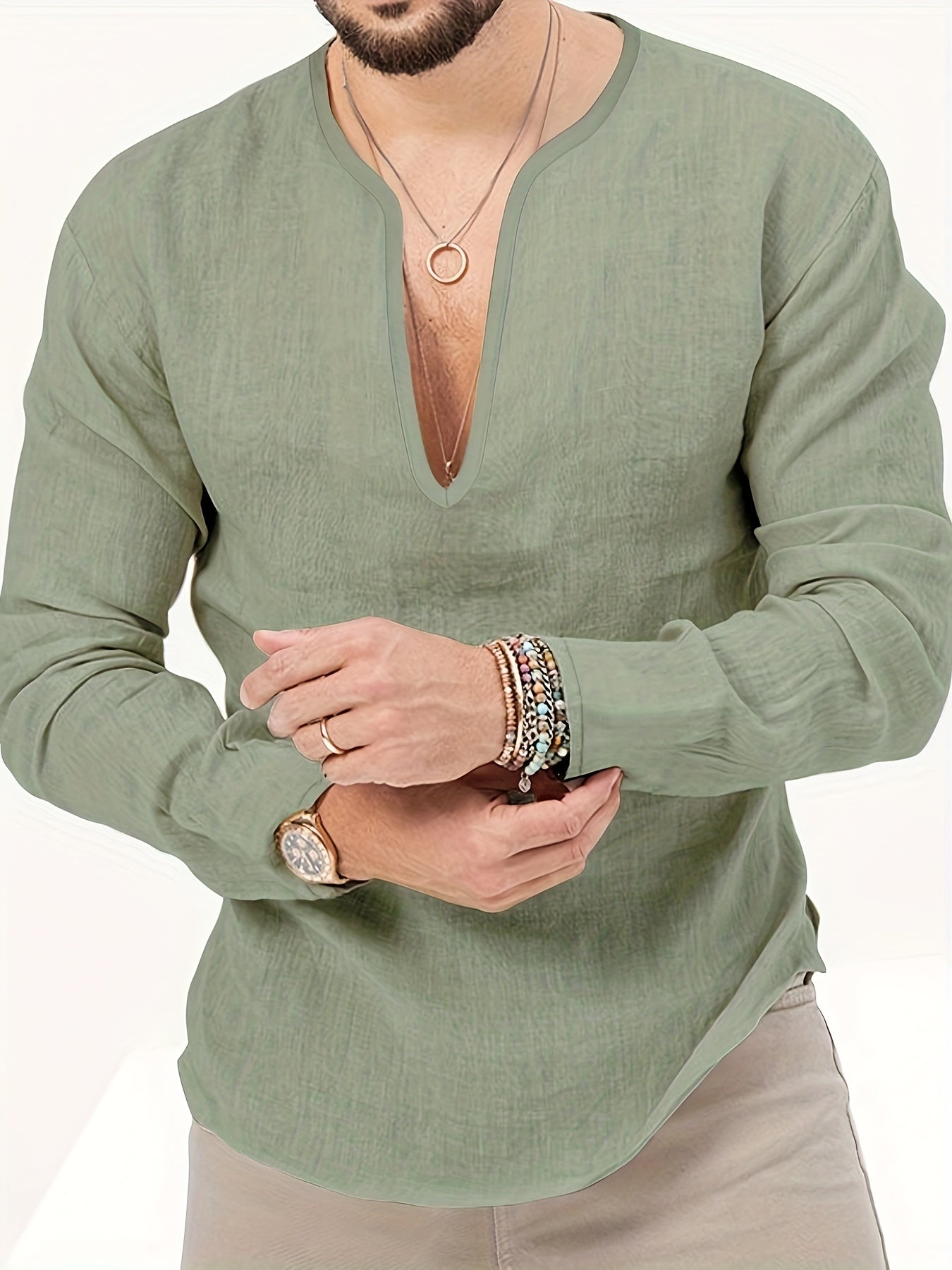 Men's V Neck Breathable Long Sleeve Beach Shirt