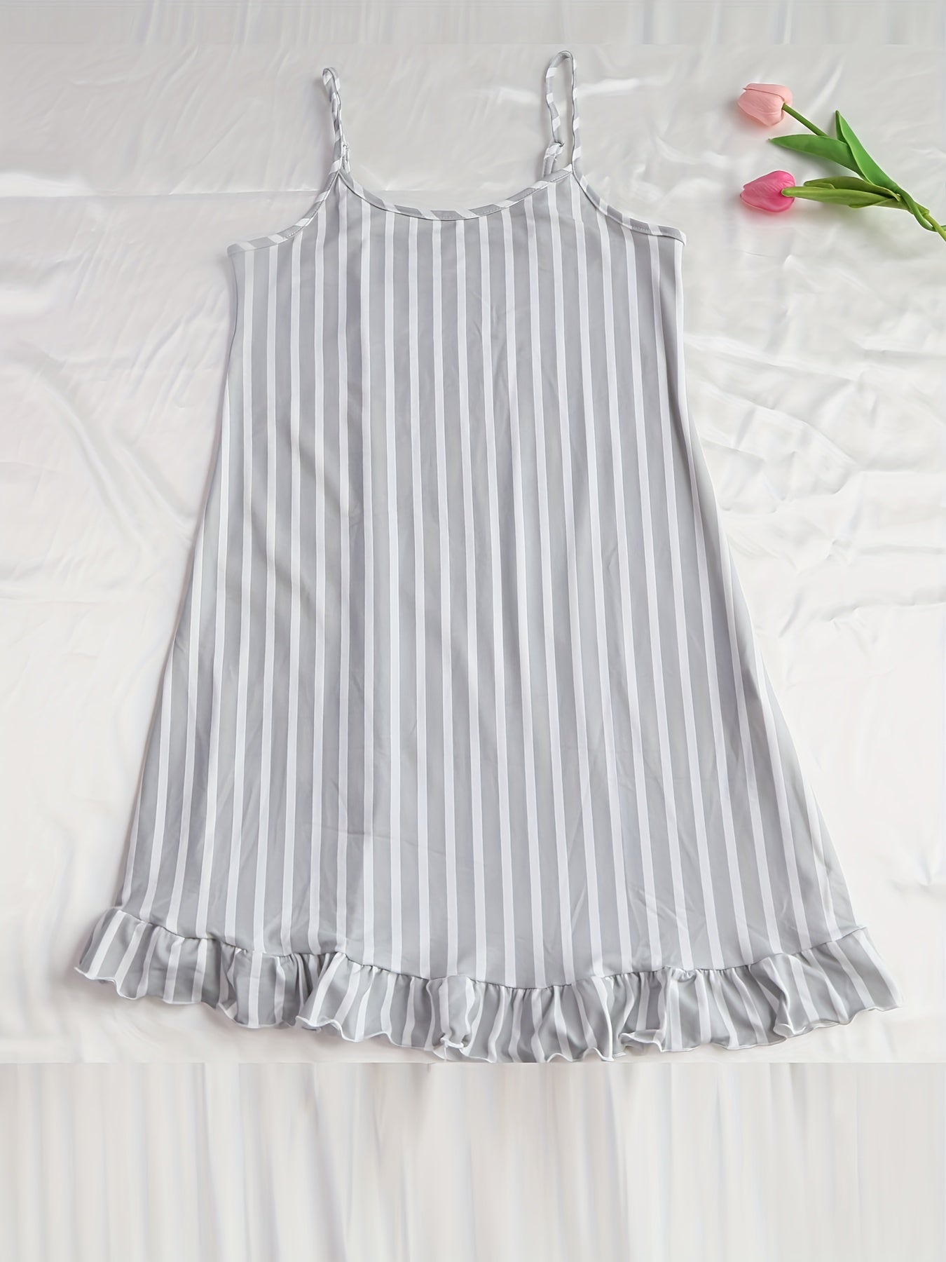 Striped Ruffle Slip Nightdress Crew Neck Spaghetti Strap Sleep Dress