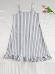 Striped Ruffle Slip Nightdress Crew Neck Spaghetti Strap Sleep Dress