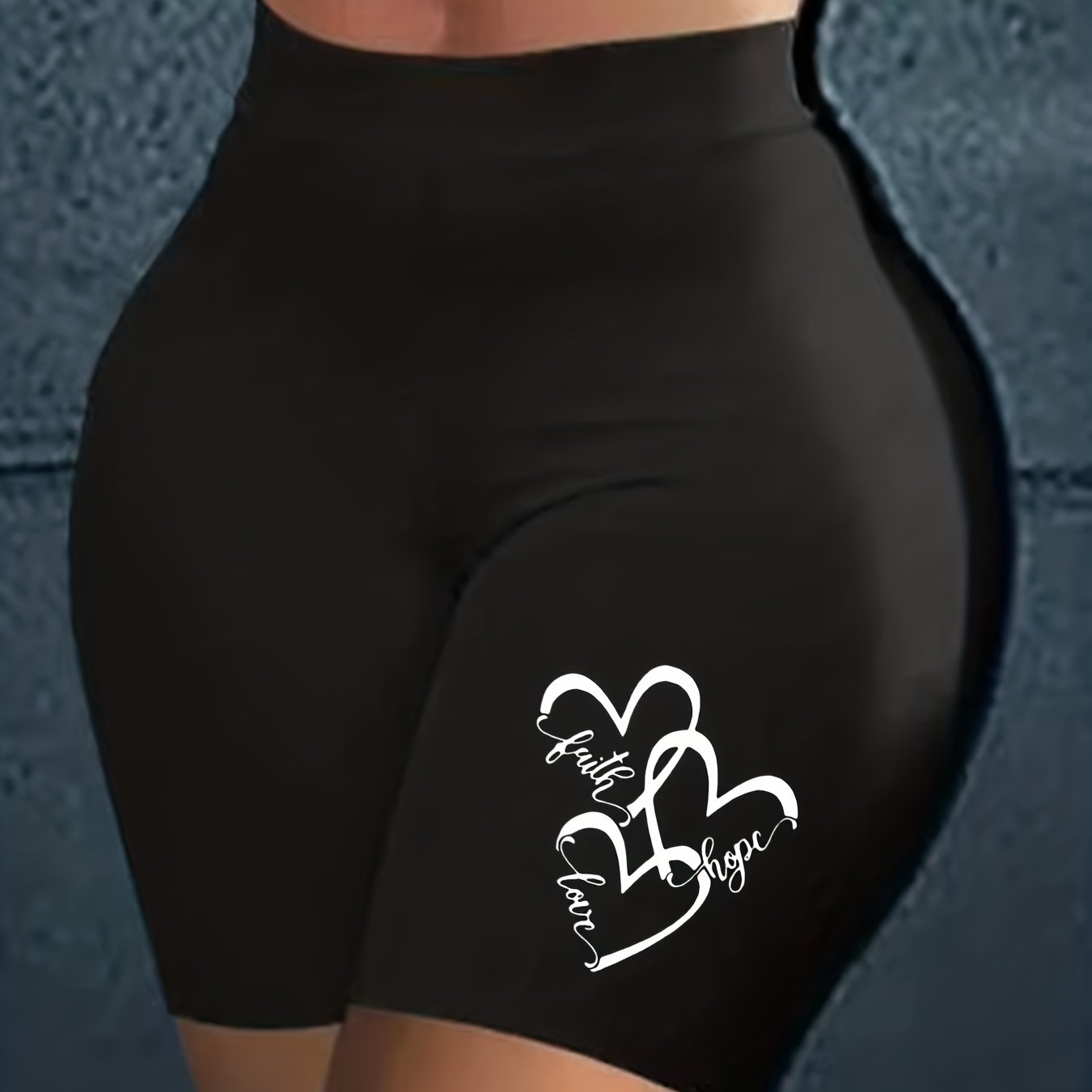Women's Heart & Letter Print High Rise Skinny Shorts