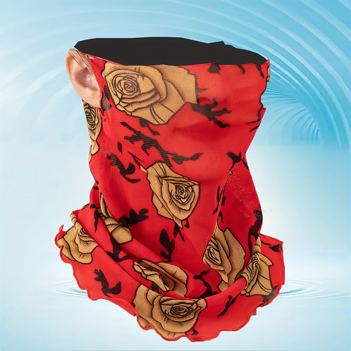 Classic Rose Print Scarf Red Ruffles Thin Breathable Gauze Neck Gaiter