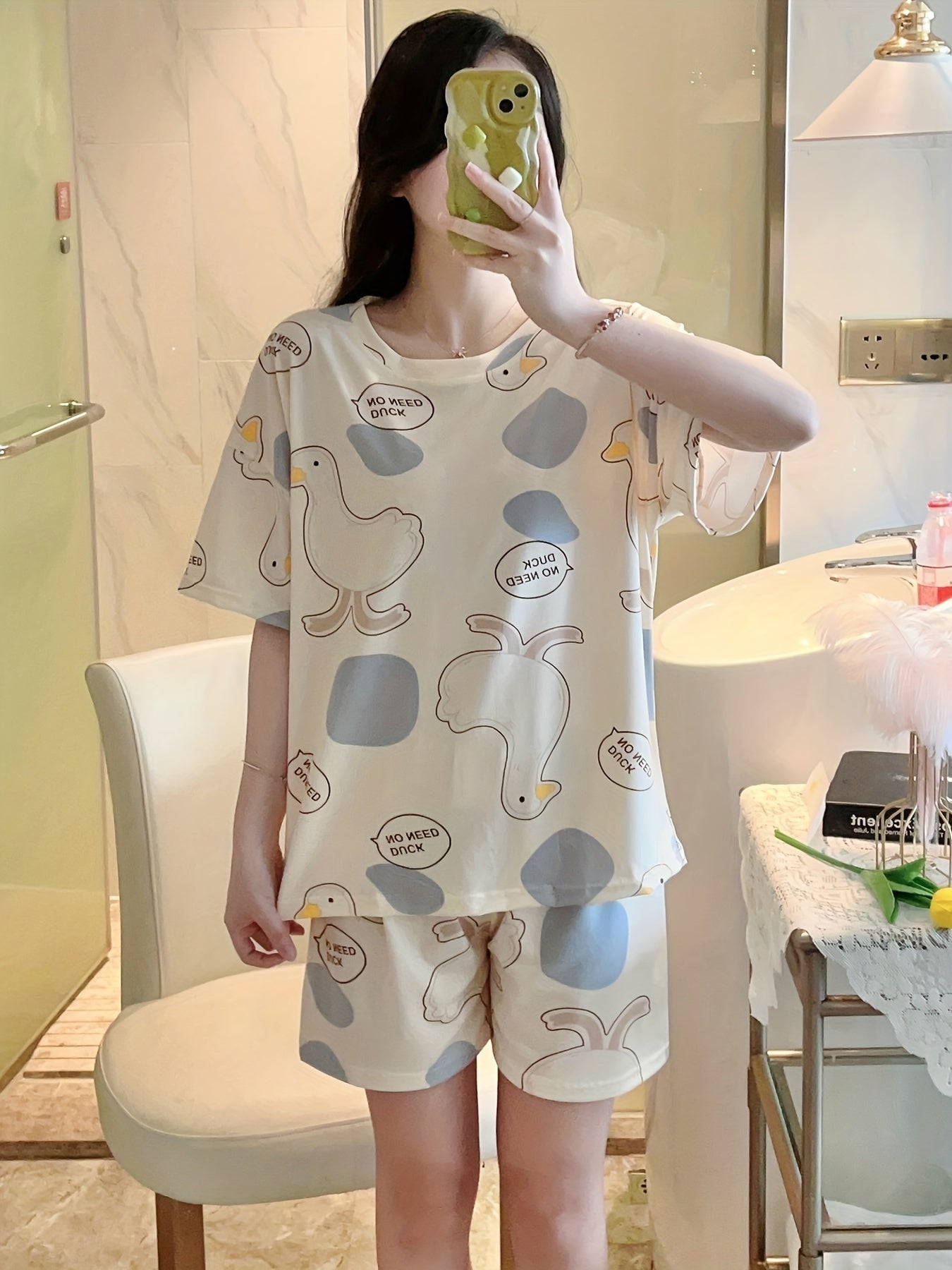 Duck Print Pajama Set Short Sleeve Crew Neck Top & Shorts