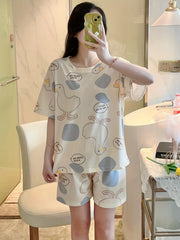 Duck Print Pajama Set Short Sleeve Crew Neck Top & Shorts