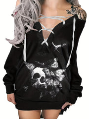Gothic Skull Print Pullover Sweatshirt Halloween Tie Front Long Sleeve