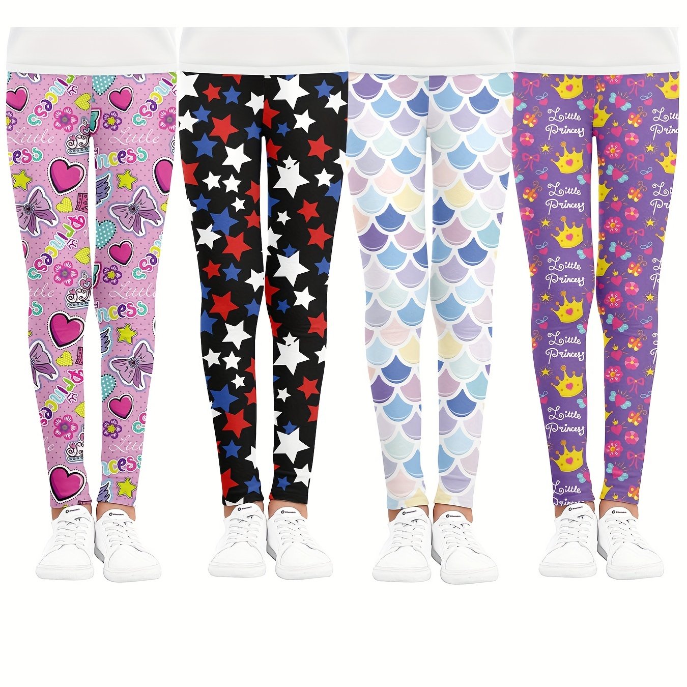 Girls Crown Stars Bow and Fish Scales Athletic Leggings