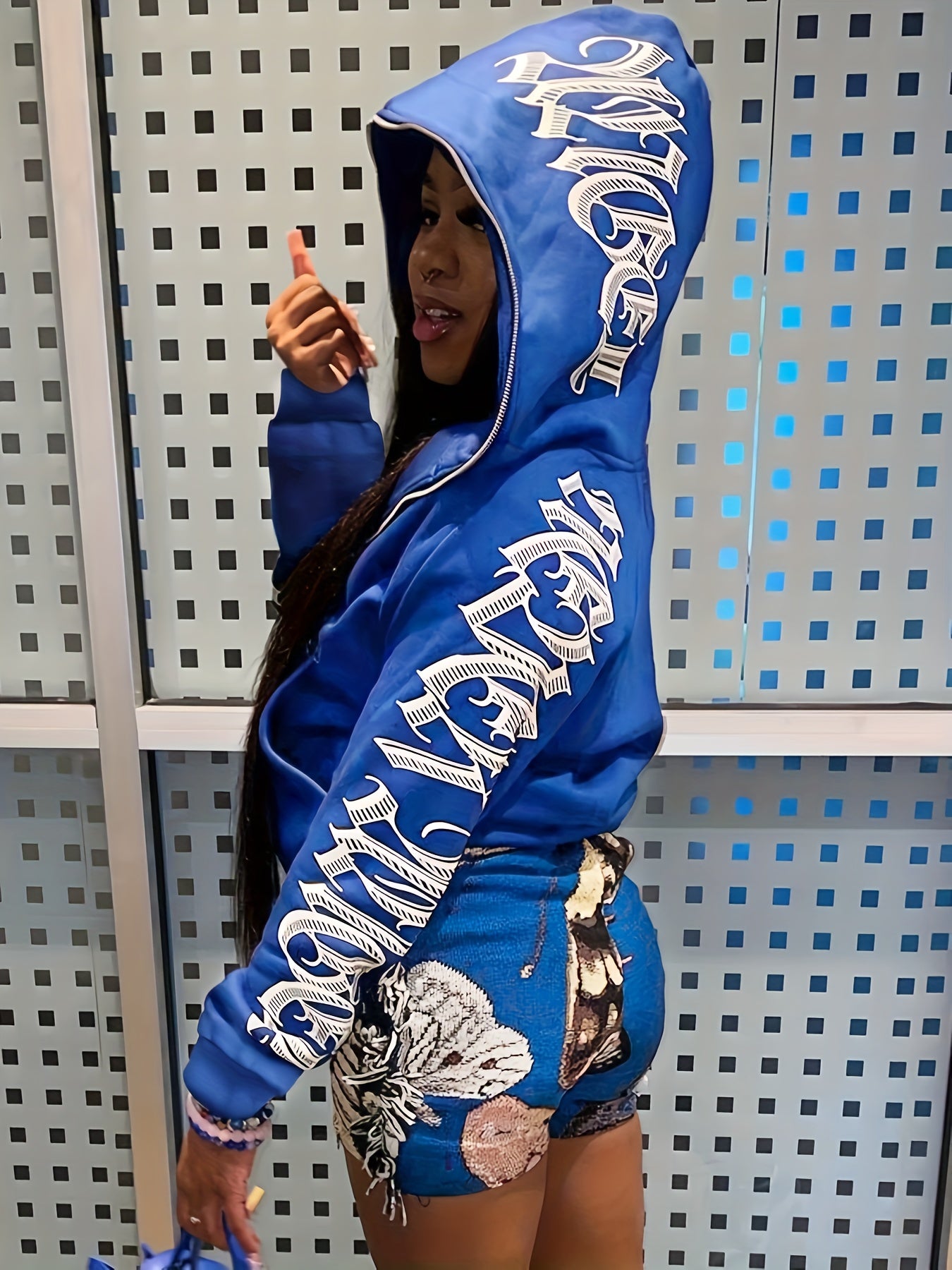 Y2k Sports Top Women's Plus Art Letter Print Zip Up Hooded Sweater
