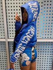 Y2k Sports Top Women's Plus Art Letter Print Zip Up Hooded Sweater