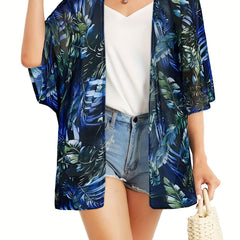 Leaf Print Cover Up Shirt V Neck Half Sleeves Beachwear Cardigan