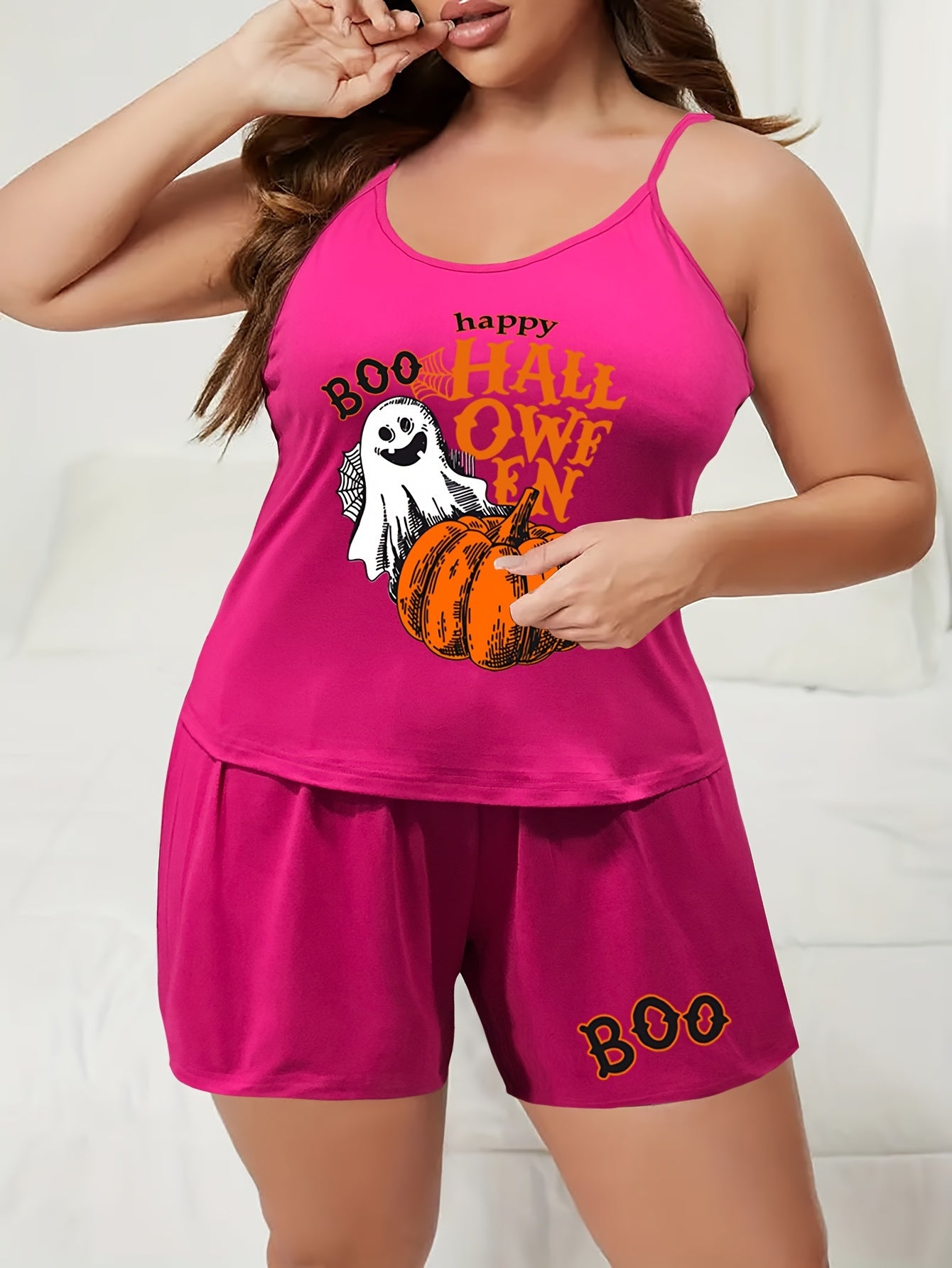 Halloween Pajama Set Women's Plus Ghost & Pumpkin Print Top & Shorts