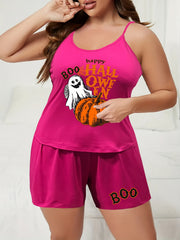 Halloween Pajama Set Women's Plus Ghost & Pumpkin Print Top & Shorts